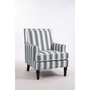 Poltrona Vintage Imbottita per Soggiorno in Tessuto di Lino a Righe Blu e Bianche con Finitura a Borchie - Product Image 2