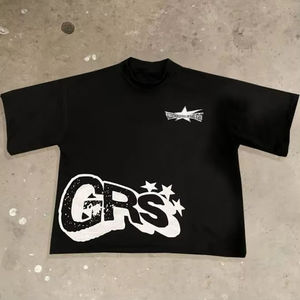 T-shirt décontracté rétro américain 100 % coton, coupe carrée, col ras du cou, surdimensionné, avec broderie et patchs usés pour homme - Product Image 3