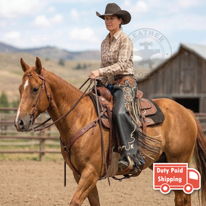 Men's Western Leather Rodeo <b>Chaps</b> with Long Fringe, Floral Embroidery & Decorative Tooling Cowboy <b>Riding</b> <b>Chaps</b> for Horseback - Product Image 4
