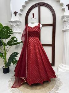 Designer Maroon Banarasi Anarkali <b>Suit</b> with Net Dupatta Luxury Festive Ethnic Gown Set <b>for</b> <b>Women</b> <b>Wedding</b> Party Wear - Product Image 2