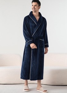 <b>Men's</b> Soft Casual Loose Robe <b>Cardigan</b> Pajamas Plain Dyed <b>Long</b>-Sleeved Flannel Nightgowns <b>for</b> Summer/Winter/Spring - Product Image 2
