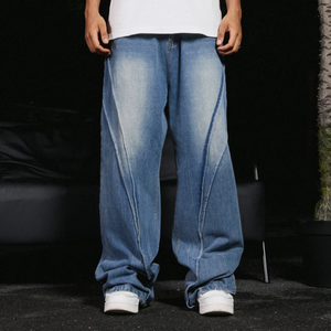 <b>Men's</b> <b>Wide</b> <b>Leg</b> Stonewashed Denim <b>Jeans</b> Loose Fit Midweight Cotton Casual Streetwear Style Autumn Wear For <b>Men</b> - Product Image 1