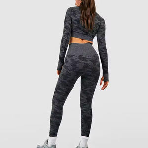 Conjunto de Yoga de 2 Piezas con Diseño de Camuflaje, Ropa Deportiva sin Costuras de Manga Larga para Mujer, Leggings y Sujetador Deportivo para Gimnasio, Fitness, Entrenamiento y Yoga - Product Image 3