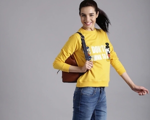 <b>Women's</b> Yellow Printed Crew Neck Sweatshirt Regular Fit Full Sleeve Knitted Cotton Autumn Wear - Product Image 1