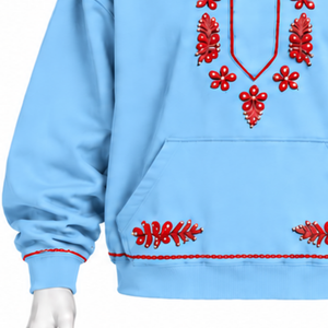 Sweat à capuche bleu ciel Indus brodé, motif floral, poche kangourou, décontracté, coupe oversize, streetwear, hiver - Product Image 5