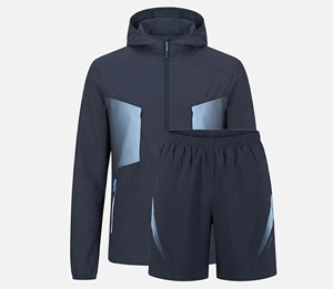 Ensemble de survêtement pour homme, color-block, manches longues, à capuche, fermeture éclair, sportif, léger, polyester, short d'été, séchage rapide, respirant - Product Image 5