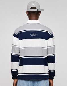 <b>Men's</b> Navy Grey Striped <b>Long</b> <b>Sleeve</b> Polo <b>Shirt</b> <b>White</b> Collar Button Front Casual Top - Product Image 5