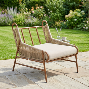 Fauteuil lounge moderne en corde tressée avec coussin rembourré, dossier incurvé, pieds coniques, structure en bois massif, pour l'intérieur et l'extérieur - Product Image 2