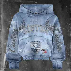 Sudadera con capucha y cremallera para hombre, estilo streetwear, con parches bordados, lavado ácido, personalizada con DTG, pedrería y estampado gráfico. - Product Image 1