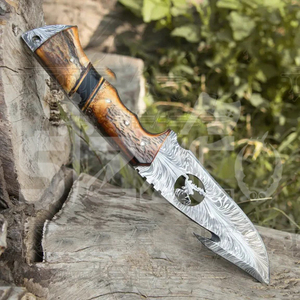 มีดล่าสัตว์เหล็กดามัสกัสแบบ OEM พร้อมด้ามเขาสัตว์  ใบมีดคงที่ สำหรับตั้งแคมป์ กิจกรรมกลางแจ้ง และพกพาประจำวัน พร้อมปลอกหนัง - Product Image 3