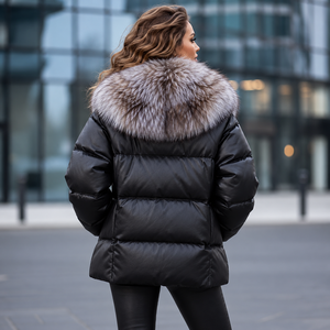 Blouson matelassé en cuir d'agneau véritable à carreaux pour femme, coupe-vent avec fermeture éclair, col en fourrure de renard, vêtement d'extérieur d'hiver style streetwear, fin, 90% - Product Image 2