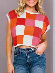 SAJZA Women's Casual Breathable Plaid Jacquard <b>Sleeveless</b> Short Crop <b>Tops</b> Summer Thin Color Block <b>Knit</b> Shirt Washable - Product Image 1