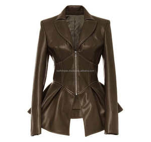 Coffee Peplum Style <b>Leather</b> Women's Jackets Zipper Closure Lapel Collar Long Sleeve High <b>Waist</b> Tunic <b>Coat</b> Elegant Slim Fit - Product Image 1
