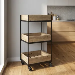 Mango Wood Durable 3 Tier <b>Storage</b> <b>Cart</b> with Wheels Space Saving Organizer for Kitchen Living Room Bathroom Outdoor & Hotel Use - Product Image 3