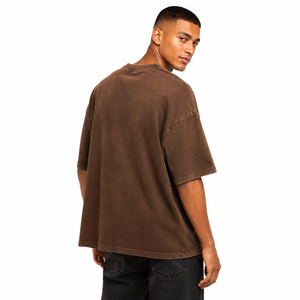 T-shirt en coton marron surdimensionné pour homme, col rond, manches courtes, couleur unie, style décontracté, coupe jersey, longueur normale, tricoté, teint uni - Product Image 3