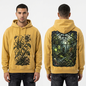 Sudadera con capucha vintage dorada con estampado gráfico de plantas mutantes zombi del invernadero de los muertos vivos, de forro polar, oversize y desgastada para hombre - Product Image 1