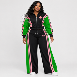 Alfa |   Kapa |   Conjunto Deportivo Alpha Sorority con Bloques de Color Verde y Rosa, Chaqueta con Cierre y Pantalones Anchos a Juego - Product Image 5