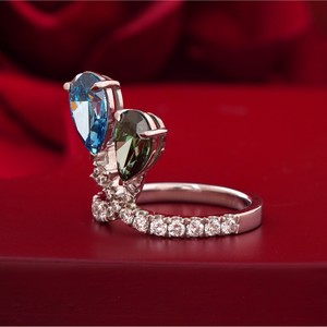Fancy Vivid Blue Green Pear Cut Lab Grown Diamond <b>Ring</b> with Prong Setting 14K <b>Gold</b> Rare Color Statement - Product Image 2