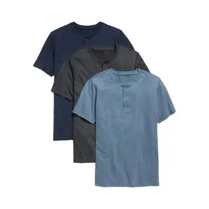 Kaus katun leher O ukuran Besar Sedang Kecil kaus unik dengan kancing warna kustom kaus gelap untuk pria