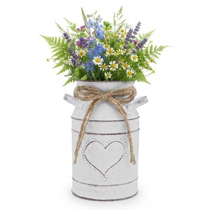 Vintage <b>White</b> Metal Milk Can Vase Rustic Farmhouse Heart Planter <b>Jug</b> Centerpiece Container with Jute Bow and Wildflowers - Product Image 1