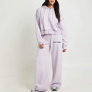 2026 New Arrived Casual Wear Two Piece Crop Top Zipper Hoodie & Baggy Joggers Set Fashionable Breathable Solid Color Sweat suits - Product Image 6