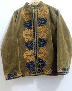 Handcrafted Olive Green <b>Velvet</b> Jacket for <b>Women</b> Vintage Traditional Artisanal Embroidered Front Open Long Sleeve Winter <b>Coat</b> - Product Image 1