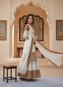 Women 100% Cotton Chiffon Woven Salwar Kameez Set Embroidered Faux <b>Fur</b> <b>Trim</b> Knee Length Traditional Outfit Party Wear - Product Image 3