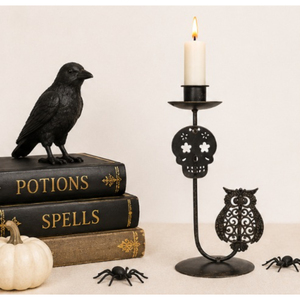 Iron Halloween <b>Candle</b> <b>Holder</b> Spooky Skull and Owl Silhouette Candlestick Stand for Taper <b>Candles</b> Table Centerpiece for Home - Product Image 4