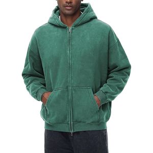 Sweat à capuche zippé rouge délavé à l'acide pour homme, style streetwear, coupe ample, épaules tombantes, effet usé, en coton doux et épais, haut de gamme - Product Image 5