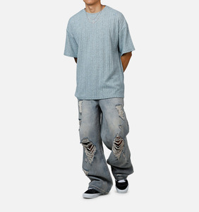 Men Oversized Knitted Cotton T-Shirt Solid Color O-<b>Neck</b> Short Sleeve Breathable Regular Fit <b>Light</b> Blue Textured Ribbed T-Shirt - Product Image 1