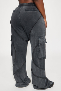Pantalones Cargo de Forro Polar Lavado a la Piedra para Mujer, Cintura Media, Ajuste Holgado, Largos, Color Sólido, Cierre con Cordón, Estilo Casual, Ropa de Otoño - Product Image 3
