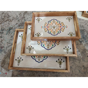 Ensemble de plateaux de service rectangulaires faits à la main avec cadre rouge, imprimé floral vintage rose, plateau décoratif pour le petit-déjeuner, pour la maison et les cadeaux - Product Image 5