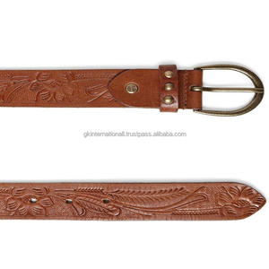 Pure Leather Hand <b>Tooling</b> waist <b>belts</b> floral embossed western leather <b>tooling</b> <b>belt</b> for men and women brass buckle set - Product Image 6