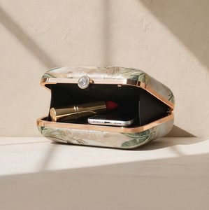 Premium Yellow Flower Lady Printed Clutch Metal <b>Frame</b> Hard Case Satin Fabric Outer Raw Silk Lining with Crystal Closure - Product Image 2