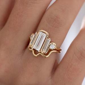 Women's Yellow Gold Emerald Cut Moissanite Ring Classic Engagement Style with Baguette Side <b>Stones</b> Luxury Anniversary Gift - Product Image 6