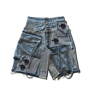 Shorts de Mezclilla Cargo para Hombre, Diseño de Parches, Lavado Desgastado, Azul, con Múltiples Bolsillos, Estilo Urbano Y2K, Hip Hop, Logotipo Personalizado, OEM, ODM - Product Image 1