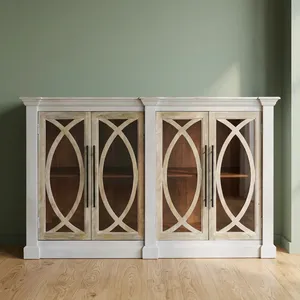Armoire en bois indienne vintage faite à la main avec quatre portes, finition blanche vieillie, design de cadre décoratif, meuble de rangement rustique - Product Image 6