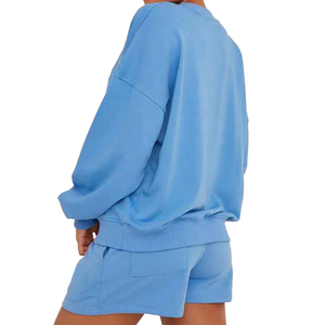 Conjunto de 2 Piezas para Mujer, Shorts de Punto Azules, Cuello Redondo, Manga Larga, Corte Holgado, Estilo Casual, Primavera/Verano, Color Sólido, Diseño con Bolsillos - Product Image 2