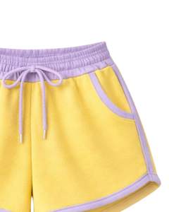 Ensemble décontracté deux pièces pour femme, comprenant un crop top à capuche zippé et un short, color block lavande et jaune, en polyester et coton, tenue de détente, vente en gros - Product Image 6