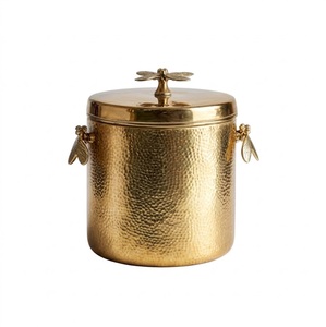 OEM Customized Round Hammered Gold Metal Ice Bucket with Deer Head Handles Glam Style Handmade Beverage Wine Tub For <b>Bar</b> Party - Product Image 3