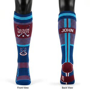 <b>Men</b> Field Hockey Sports <b>Socks</b> Premium 220 GSM Moisture Wicking Stretch Fabric Blue White Maroon Paneling Custom Knit Logo Design - Product Image 3