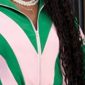   Ensemble de survêtement rétro vert et rose pour femme, deux pièces, veste zippée et pantalon de jogging, broderie de lettres grecques, style décontracté et sportif - Product Image 3