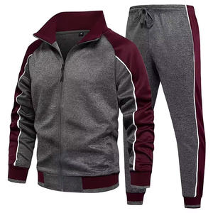 Ensemble sweat-shirt à fermeture éclair et pantalon de jogging gris et bordeaux pour homme, coupe sportive classique, idéal pour l'automne - Product Image 1