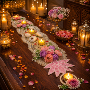 Pink Lotus Diya Table Runner Handmade Pearl Candle Holder Wedding <b>Mandir</b> Pooja Festival Home Decor Centerpiece - Product Image 3