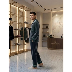 Luxury Men's Velvet Pajama Set-Winter Warm Eco-Friendly Anti-Bacterial Soft Nightwear Piped Trim Pockets Double Fabric French - Product Image 6