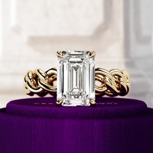 Bague de fiançailles et de mariage solitaire en diamant de laboratoire taille émeraude VVS2, chaîne cubaine, pour femme, en or massif 14k/18k - Product Image 5