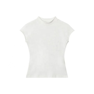 Top Corto de Cuello Alto Gris para Mujer, Manga Corta, Ajustado, de Punto, Algodón, Estilo Minimalista para Primavera/Verano - Product Image 6