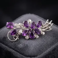 Broche pour femme en argent 925 avec pierre d'améthyste ovale violette, motif fleur et feuille, accessoire de bijouterie facetté pour fiançailles, mariage, fête et vêtement