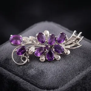 Women's Purple Oval Amethyst Stone Brooch Silver Tone Flower Leaf Pin Faceted Jewelry <b>Accessory</b> for Party <b>Wedding</b> Garment - Product Image 5
