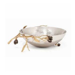 Frutero de metal elegante con diseño de rama de olivo dorada martillada y cuenco plateado, para decoración de hogares de lujo, hoteles y regalos de mesa. - Product Image 3